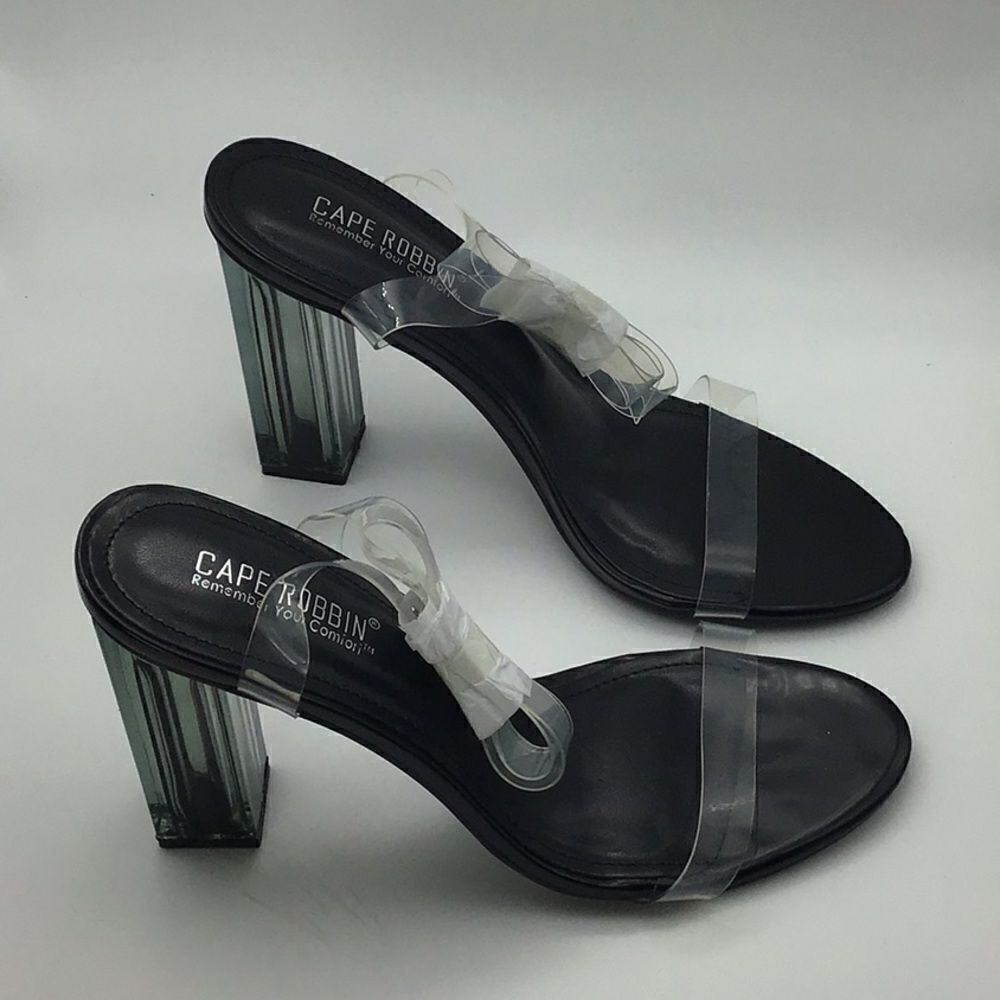 Clear Slip On Cape Robbin Heel Sz 10 Acrylic Black Lucite Ankle Strap Sandal NEW - Picture 5 of 11